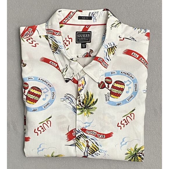 Guess Men's XXL Casual Short Sleeve Button-Up Shirt Slim Fit Novelty Print NEW - Picture 1 of 11